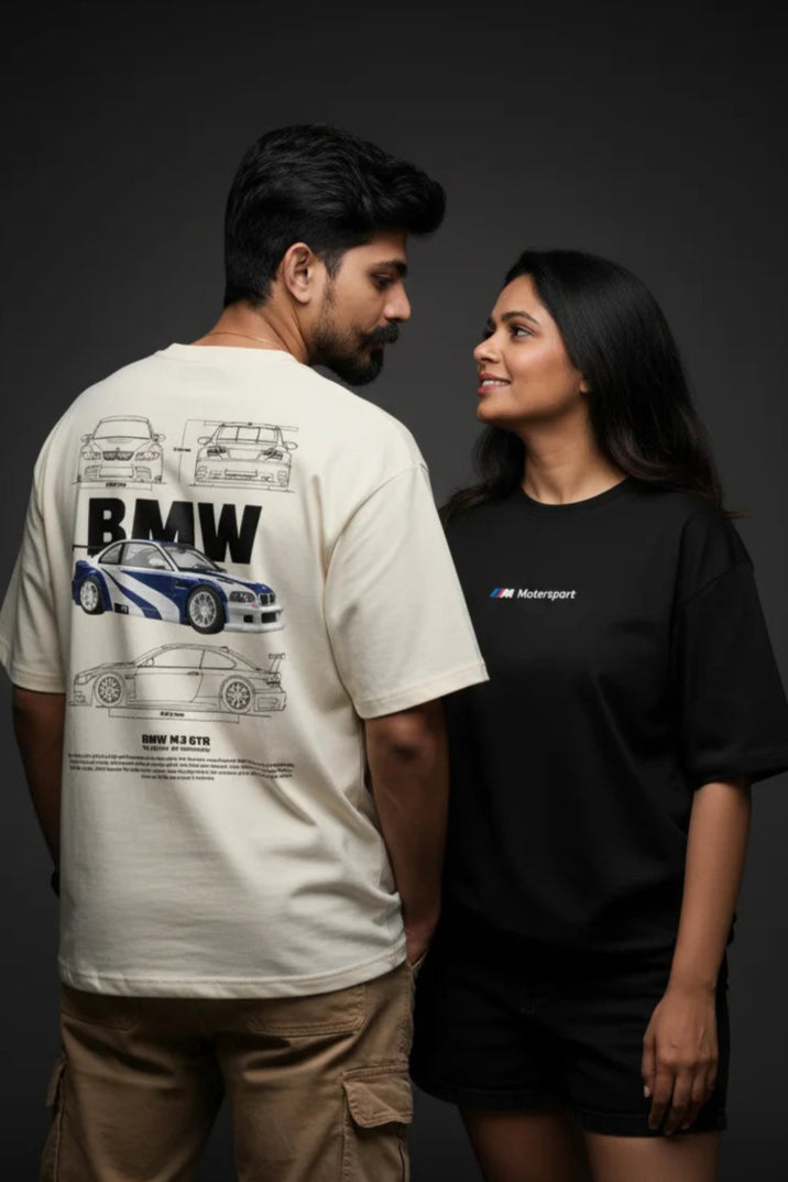 BMW M3 GTR oversized graphic T-shirt with blueprint car design and race livery illustration on back – perfect for BMW fans and car enthusiasts.