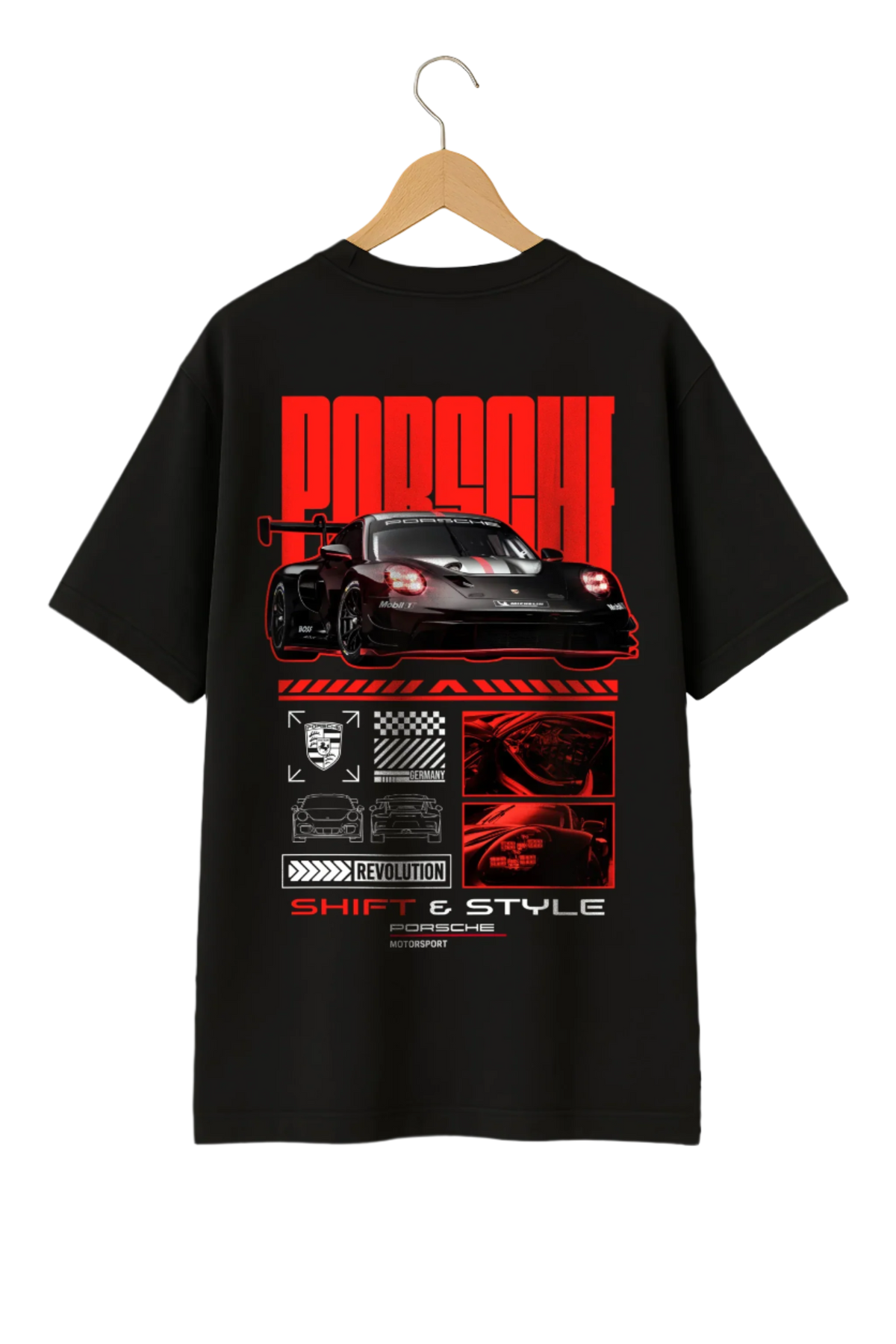 Porsche 911 GT3R T-Shirt premium oversized fit, racing-inspired, and built for car enthusiasts, front and back view – Shift&Style -shiftandstyle.com